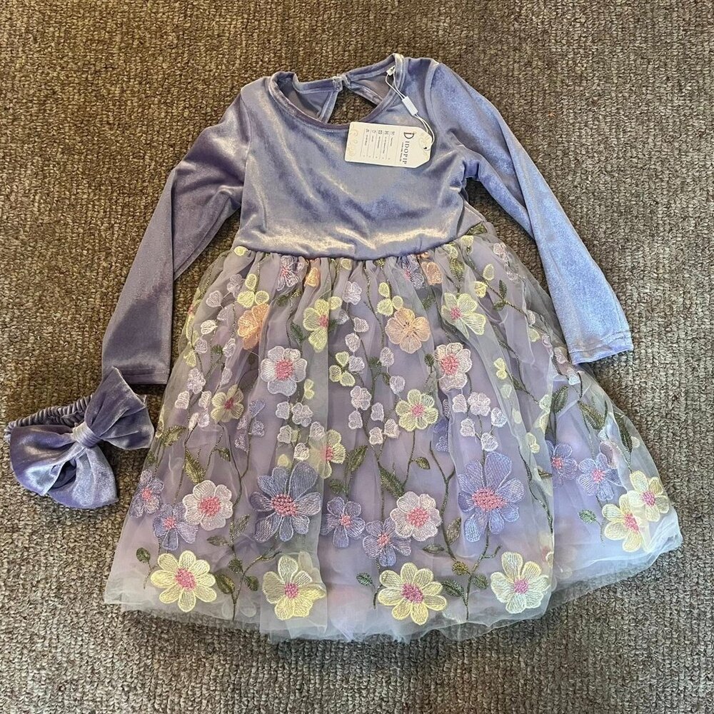 Toddler's Floral Velvet Tulle Dress + Headband - 18 to 24 months - New